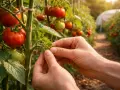 Hände zupfen junge Triebe ab, um das Wachstum der reifen Tomaten zu fördern.