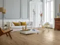 Stilvolles Wohnzimmer mit hellem Parkettboden, der durch regelmäßige Parkett Pflege glänzt. Gemütliche Couch, Sessel und ein moderner Couchtisch.