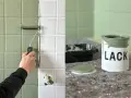 Fliesen werden mit einer grünen Farbe gestrichen. Eine Dose Lack und eine Farbwanne stehen bereit.