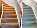 Vorher-Nachher-Vergleich: Eine Holztreppe wurde frisch gestrichen und erstrahlt nun in einem sanften Grünton.