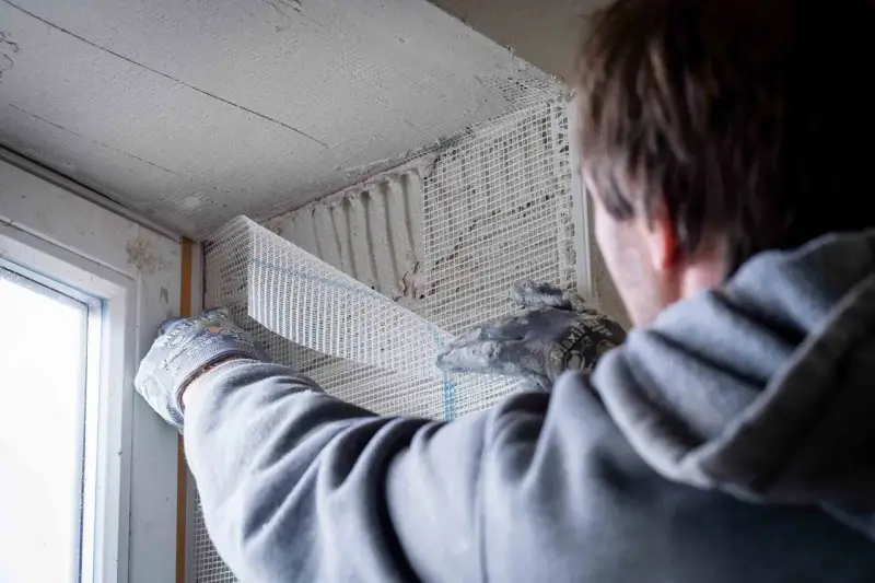 Hand mit Handschuh legt Armierungsgewebe an, um die Fensterlaibung zu verputzen.
