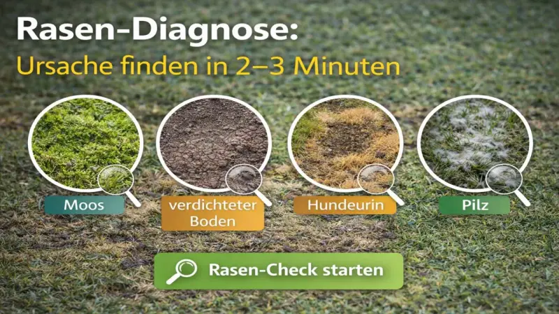 Rasen-Diagnose: Moos, verdichteter Boden, Hundeurin und Pilz sind Ursachen für dickes Gras im Rasen.
